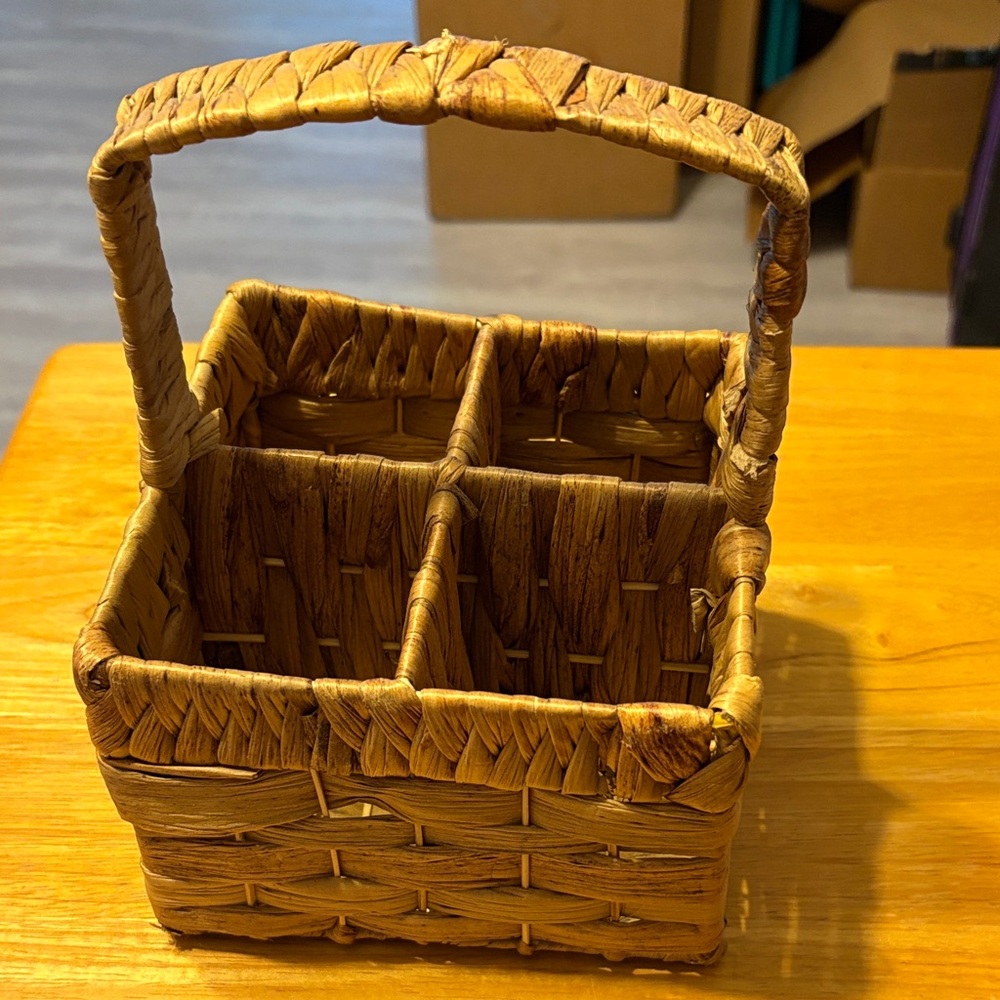 Woven Rattan 4-Compartment Caddy with Handle - Brown